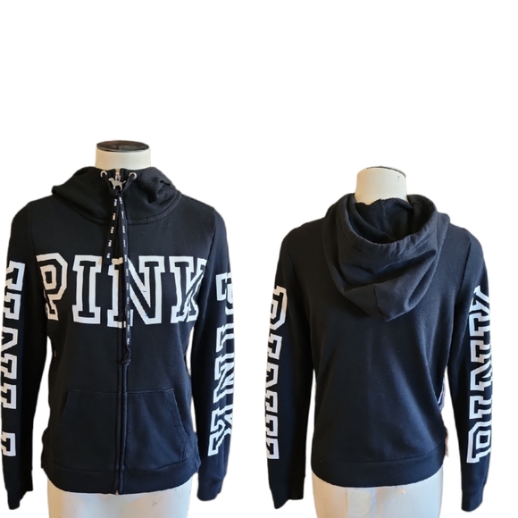 PINK Hoodie with Lettering, Attached Hood, Side Snaps Long Sleeves Size XS - Picture 1 of 11